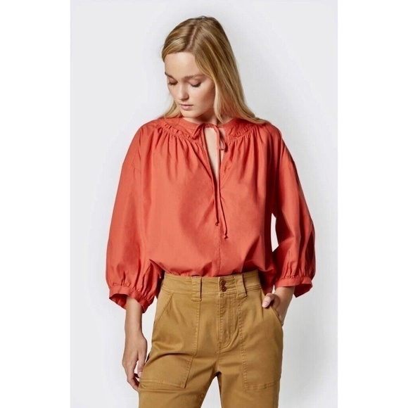 NWT!! JOIE Barrian Warm Spice Orange Peasant Top Blouse Tie Neck X-Small - Picture 1 of 14